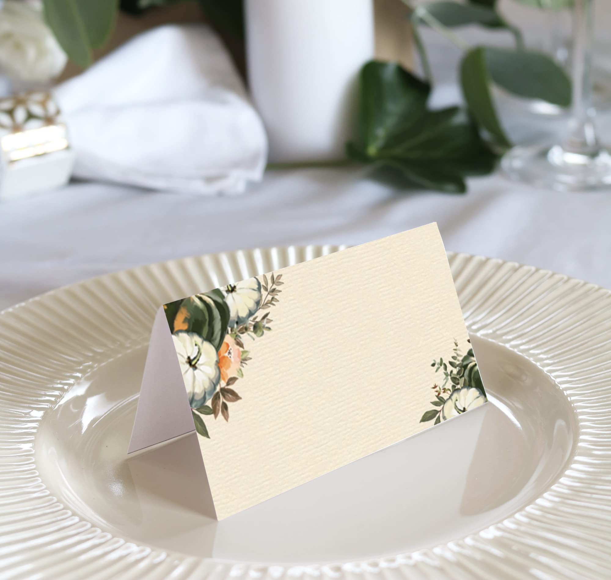 Desert Mercantile Fall Harvest Pumpkin Place Cards - 25 pack – Tented Tabler Cards for Thanksgiving Table Decor, Autumn Weddings, Holiday Buffets, Dinner Parties, or Place Settings. 2"x3.5" (folded).