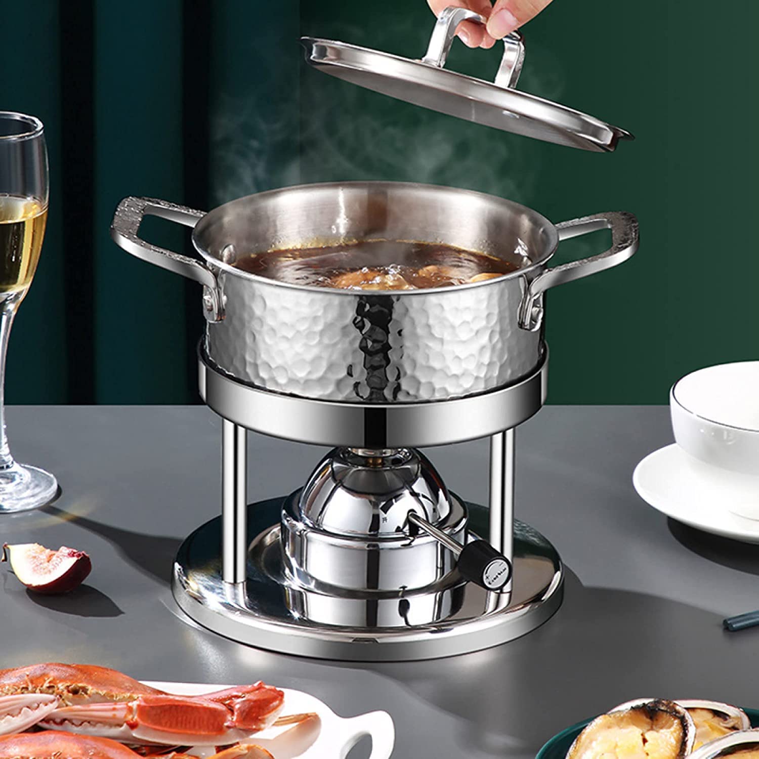 Detachable Hotpot Shabu Hot Pot - Mini Stainless Steel Hammered Chafing Dish w/Stand - Personal Stock Pot Cookware