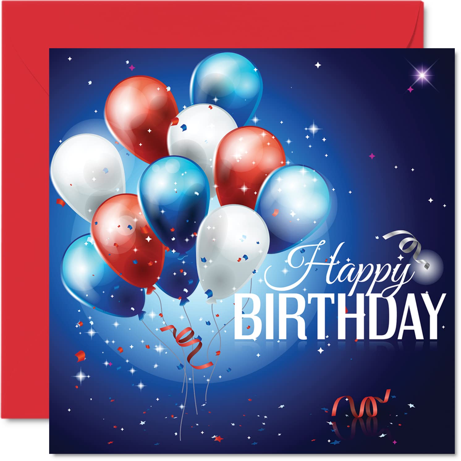 Fun Birthday Cards for Men Women - Red White & Blue Birthday Balloons - Happy Birthday Card for Mom Dad Papa Brother Sister Son Daughter Grandma Grandpa, 5.7 x 5.7 Inch 30th 40th 50th Greeting Cards