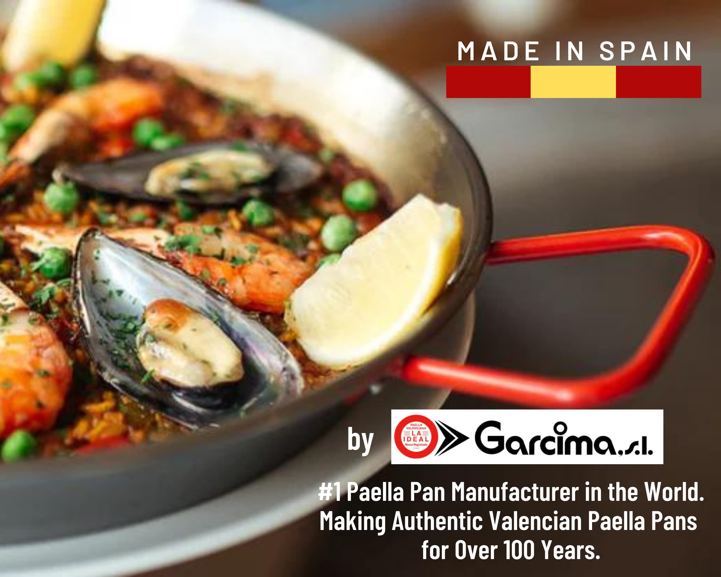 PAELO Polished Steel Paella Pan, 15 inch (38cm) Carbon Steel Pan, Large Professional Grade Paellera Imported From Spain for 8 Servings of Paella Rice, Made by Garcima