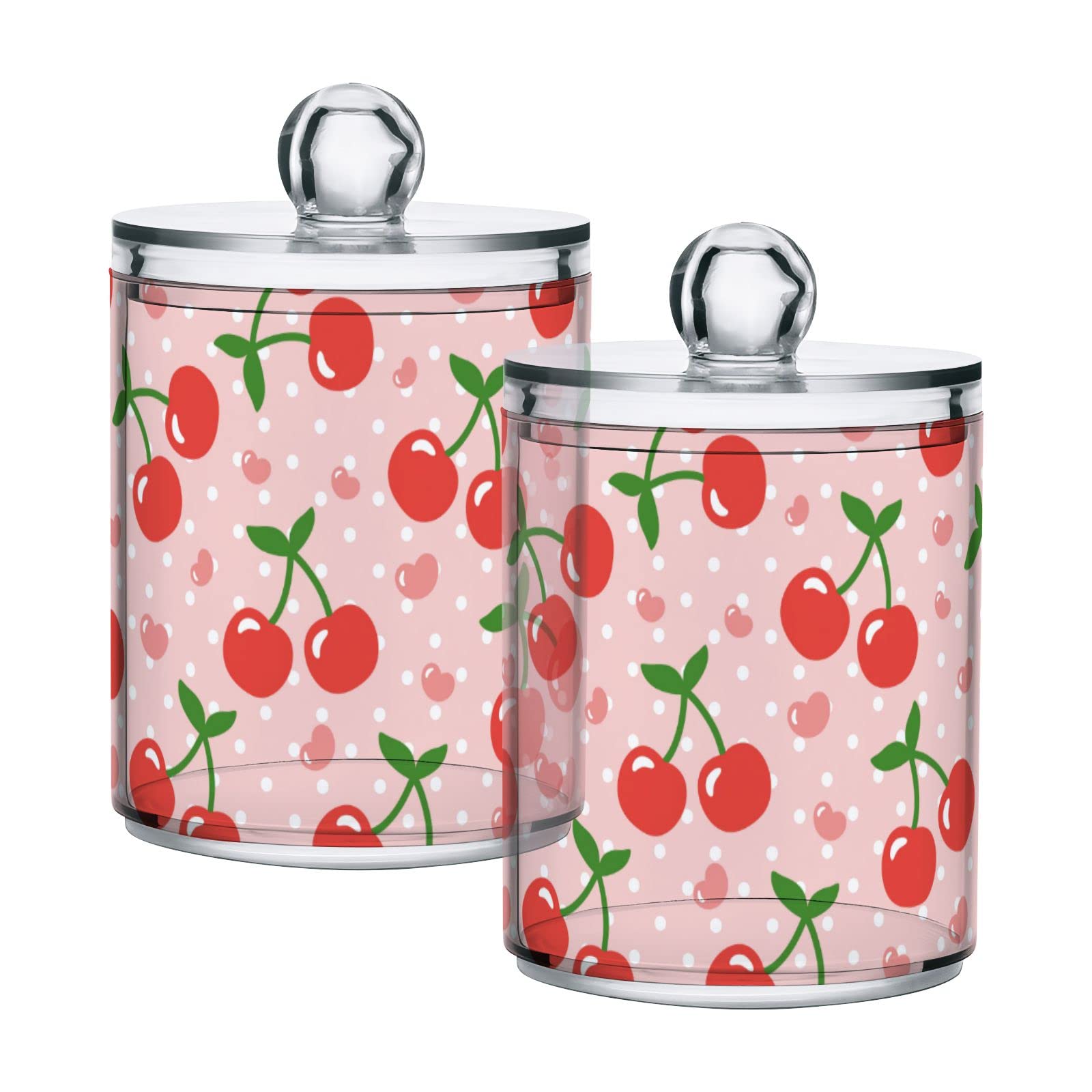 Vnurnrn Clear Plastic Jar Set for Cotton Ball, Cotton Swab, Cotton Round Pads, Floss, Cute Heart Fruit Cherry Pattern Bathroom Canisters Storage Organizer, Vanity Makeup Organizer,2Pack