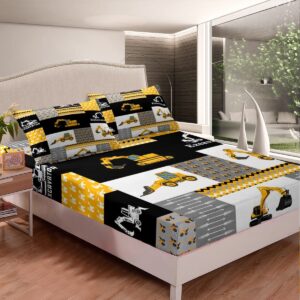 Feelyou Excavator Sheets with Deep Pocket Fitted Sheet Construction Vehicles Sheet Set Equipment Trucks Bed Sheets Set for Kids Boys Girls Cartoon Car Bedding Set Geometric Lattice Bed Set Queen Size