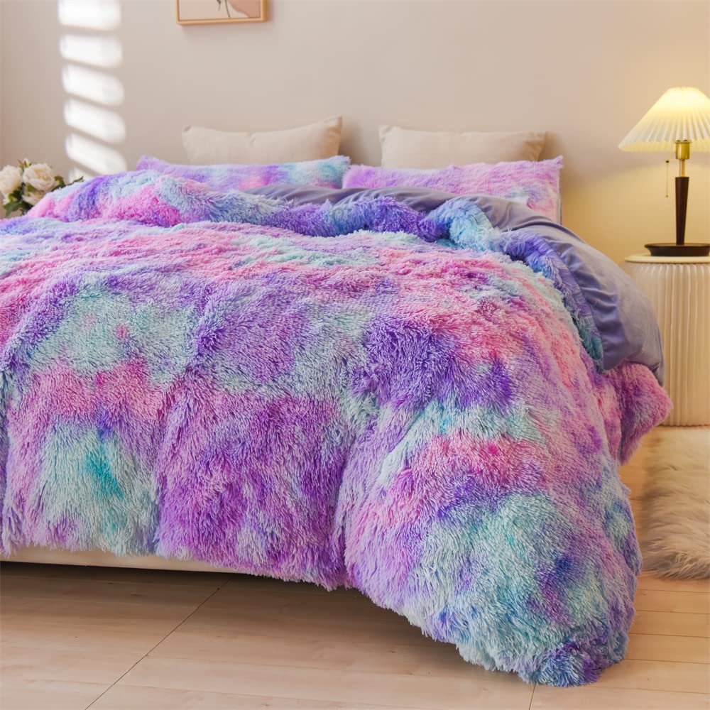 Holawakaka Aqua Teal Purple Tie Dye Shaggy Fuzzy Duvet Cover Set Queen Size Faux Fur Bedding Sets Furry Plush Comforter Cover (Teal Lavender)