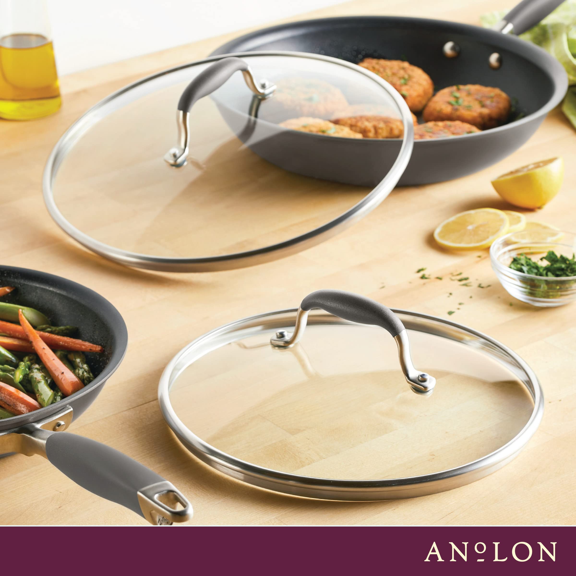 Anolon Advanced Home Glass Lids, Stainless Steel and Silicone Handles, 2 Piece, 10 Inch and 12 Inch Lid Set, Moonstone, Dark Gray