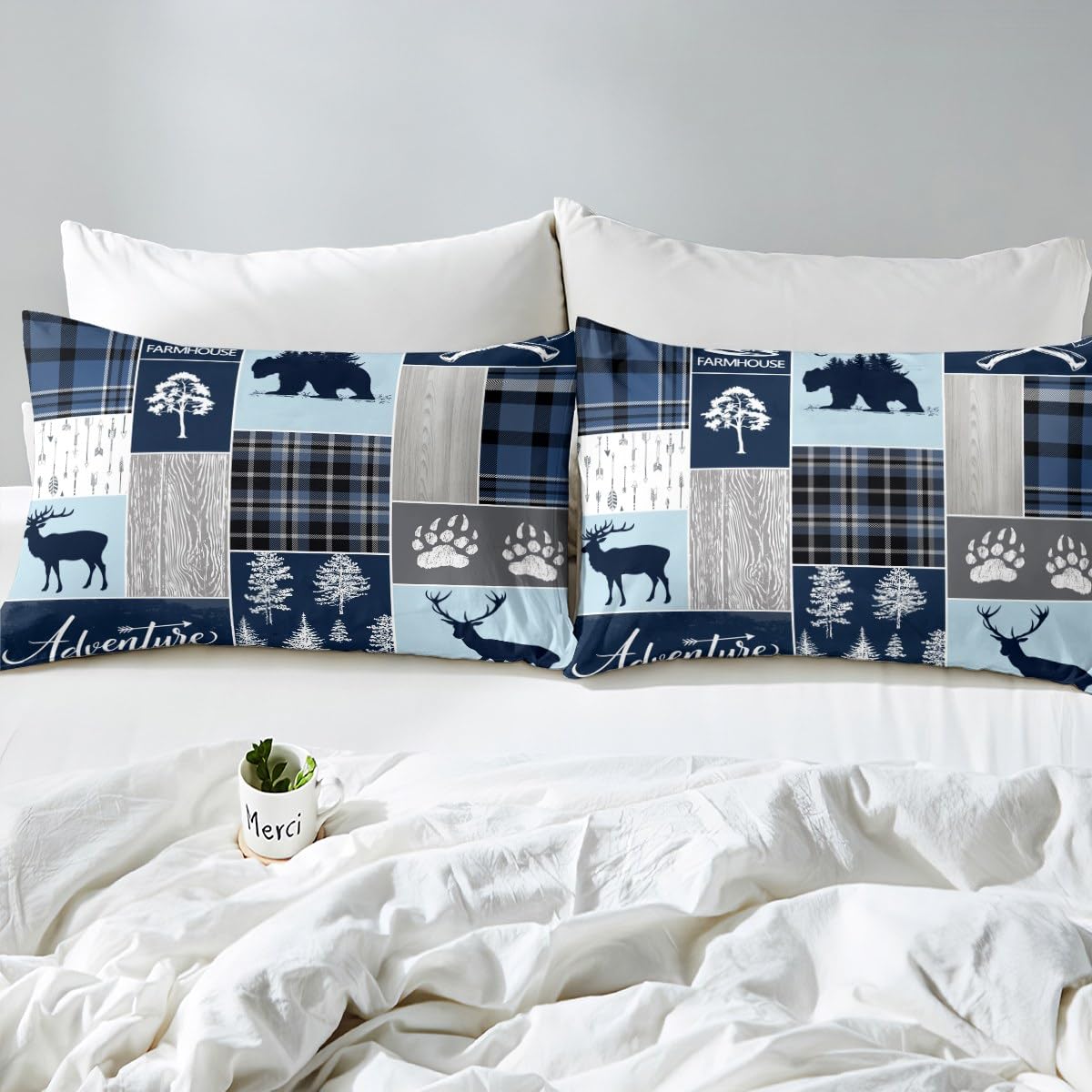 Hunting Bear Deer Quilt,Christmas Buffalo Plaid Comforter Set Twin Size Rustic Cabin Patchwork Bedding Set For Kids Boys Teens Adult,Farmhouse Cowboy Woodland Down Comforter,1 Pillow Case,Blue Grey