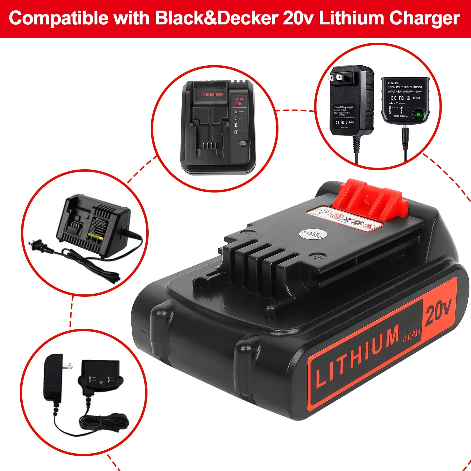 Battery 20v for BLACK+ DECKER Lithium: Batteries 20 Volt Max 4.0 ah Replacement Compatible with Cordless Power Tools XR Li- ion 2 Pack 20volt Drill LBXR20 LBXR2020 LBX20 LBXR2520 LB2X4020 LB2XR20