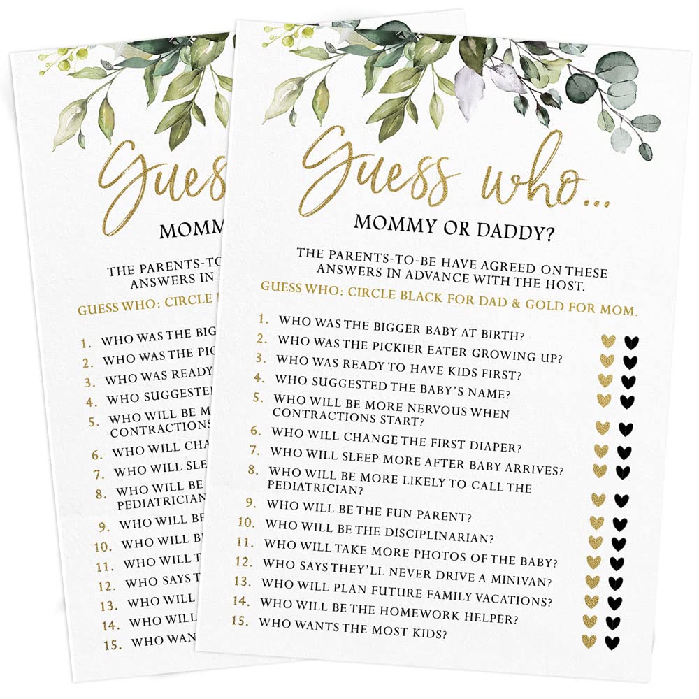 Printed Party Baby Shower Games for Boy or Girl – 4 Games and Activities, Botanical Greenery Theme, 30 Guests