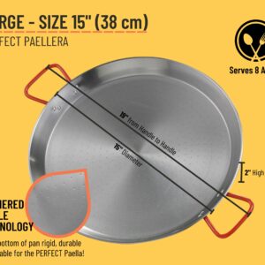 PAELO Polished Steel Paella Pan, 15 inch (38cm) Carbon Steel Pan, Large Professional Grade Paellera Imported From Spain for 8 Servings of Paella Rice, Made by Garcima