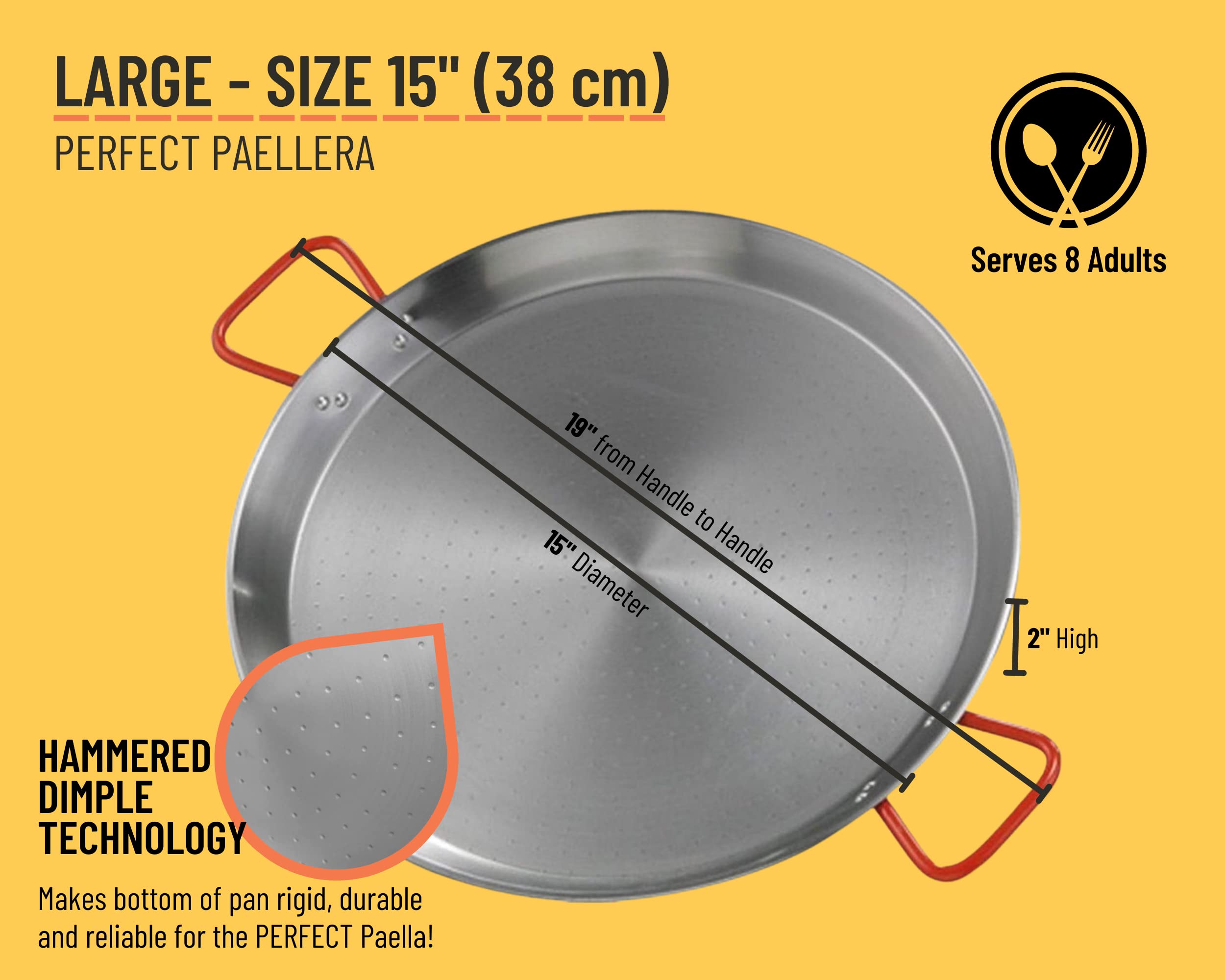 PAELO Polished Steel Paella Pan, 15 inch (38cm) Carbon Steel Pan, Large Professional Grade Paellera Imported From Spain for 8 Servings of Paella Rice, Made by Garcima