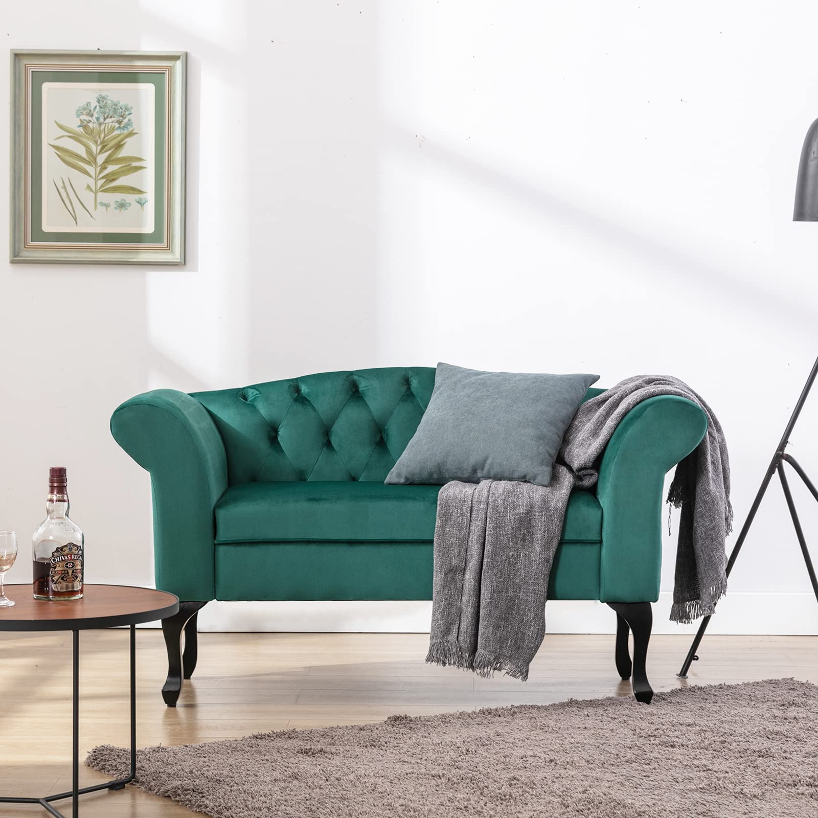 HOMYKA 53" Small Sofa Loveseat Modern Velvet Mid Century 2 Seater Sofa Couch with Tufted Button and Solid Wood Legs for Small Space, Dorm, Office, Bedroom, Green