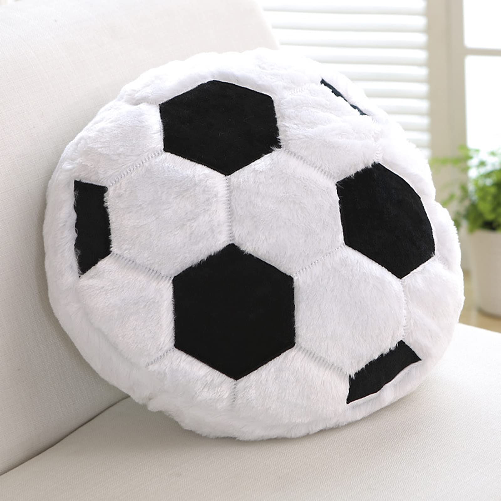 Cozy Plush Soccer Throw Pillow Soft Stuffed Sports Ball Shape Pillow Thick Round Back Cushion Sofa Room Car Decoration, 17.7 Inches