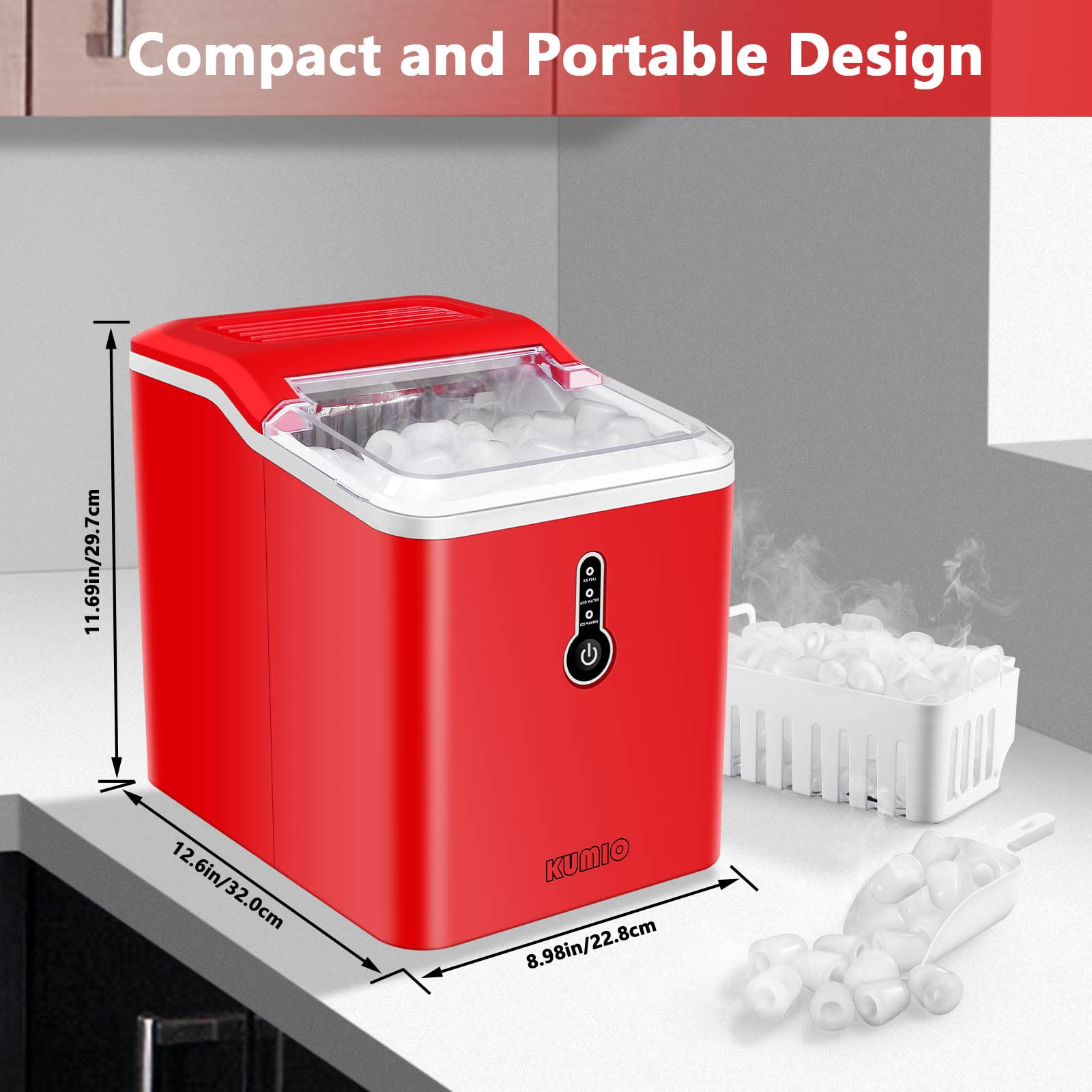 KUMIO Ice Makers Countertop, 26.5 Lbs/24H, 9 Bullet Ice Ready in 6-9 Mins with Ice Scoop and Basket, Compact Portable Ice Maker for Home Office Camping Party RV, Red