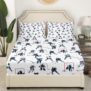 Ice Hockey Bed Sheet Set Full Kids Sports Event Bedding Set Hockey Player Fitted Sheet for Boys Bedroom Decor Soft Winter Sports Hockey Puck Bed Cover,Full 1 Fitted Sheet+2 Pillowcases（No Flat Sheet）