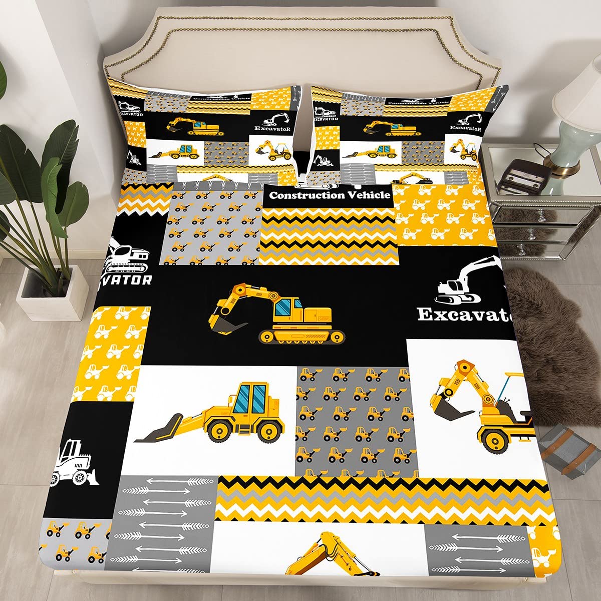 Feelyou Excavator Sheets with Deep Pocket Fitted Sheet Construction Vehicles Sheet Set Equipment Trucks Bed Sheets Set for Kids Boys Girls Cartoon Car Bedding Set Geometric Lattice Bed Set Queen Size