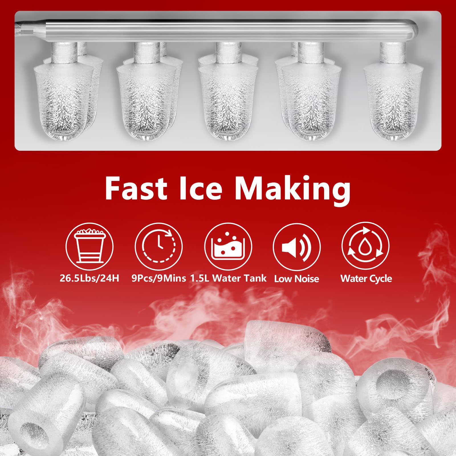 KUMIO Ice Makers Countertop, 26.5 Lbs/24H, 9 Bullet Ice Ready in 6-9 Mins with Ice Scoop and Basket, Compact Portable Ice Maker for Home Office Camping Party RV, Red