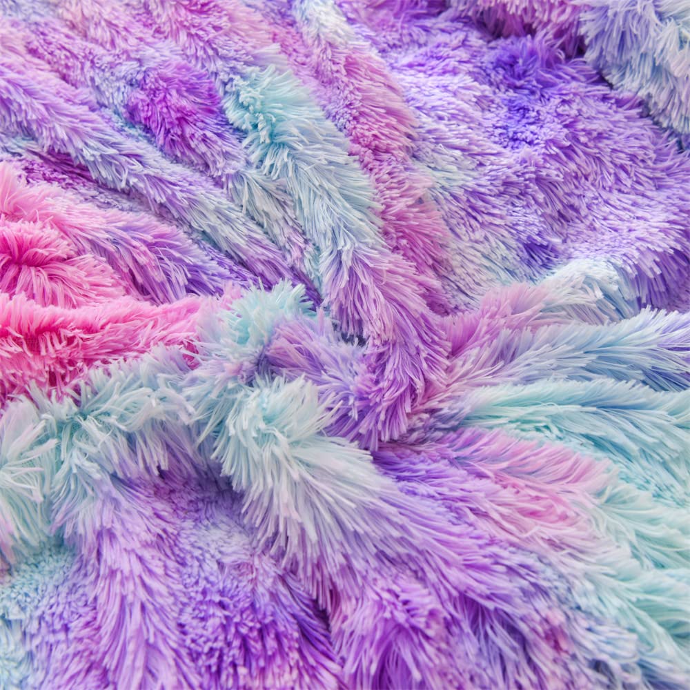 Holawakaka Aqua Teal Purple Tie Dye Shaggy Fuzzy Duvet Cover Set Queen Size Faux Fur Bedding Sets Furry Plush Comforter Cover (Teal Lavender)