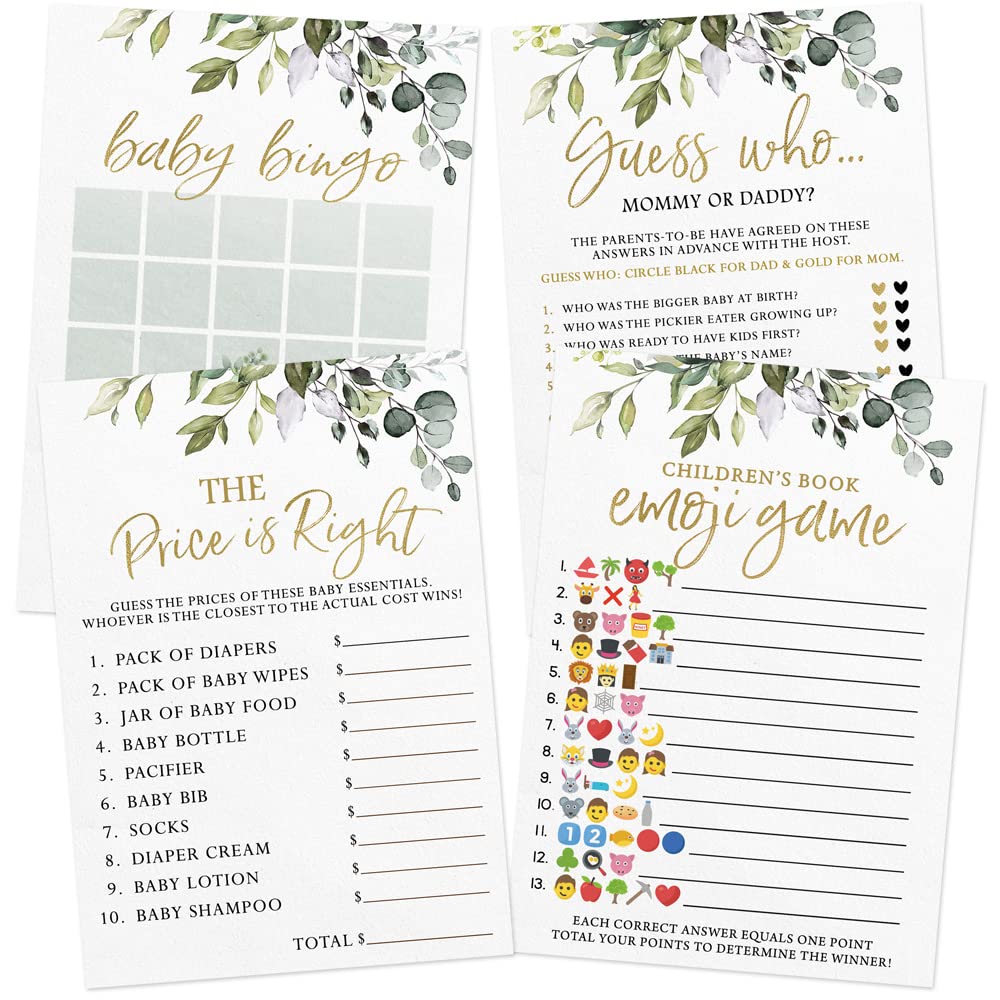 Printed Party Baby Shower Games for Boy or Girl – 4 Games and Activities, Botanical Greenery Theme, 30 Guests