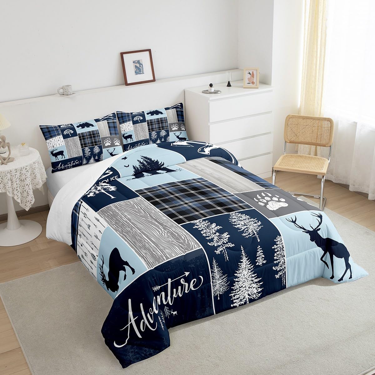 Hunting Bear Deer Quilt,Christmas Buffalo Plaid Comforter Set Twin Size Rustic Cabin Patchwork Bedding Set For Kids Boys Teens Adult,Farmhouse Cowboy Woodland Down Comforter,1 Pillow Case,Blue Grey