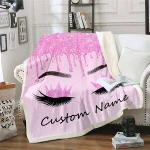 eyelash blanket twin for girls women kids customize name throw blanket 30”x40”,luxury bling light purple glitter sparkle eyelashes makeup girly fleece blanket cute princess style bedroom decor gifts