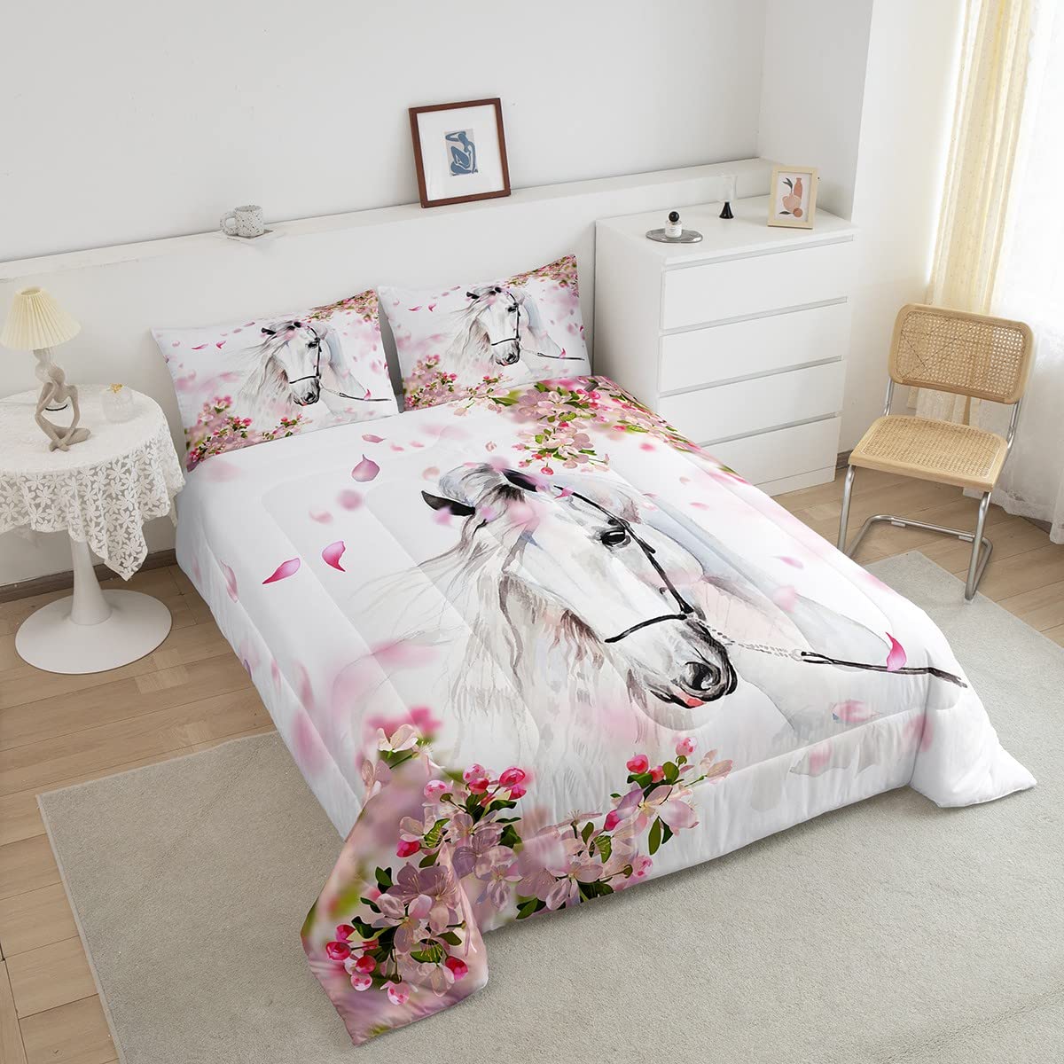 Erosebridal Girls Horse Comforter Set Twin Chic Cherry Blossom Bedding Set Boys Teens Galloping White Horse Duvet Insert 3D Wild Animal Horse Quilts Western Rustic Farmhouse Style Bedroom Decor 2 Pcs