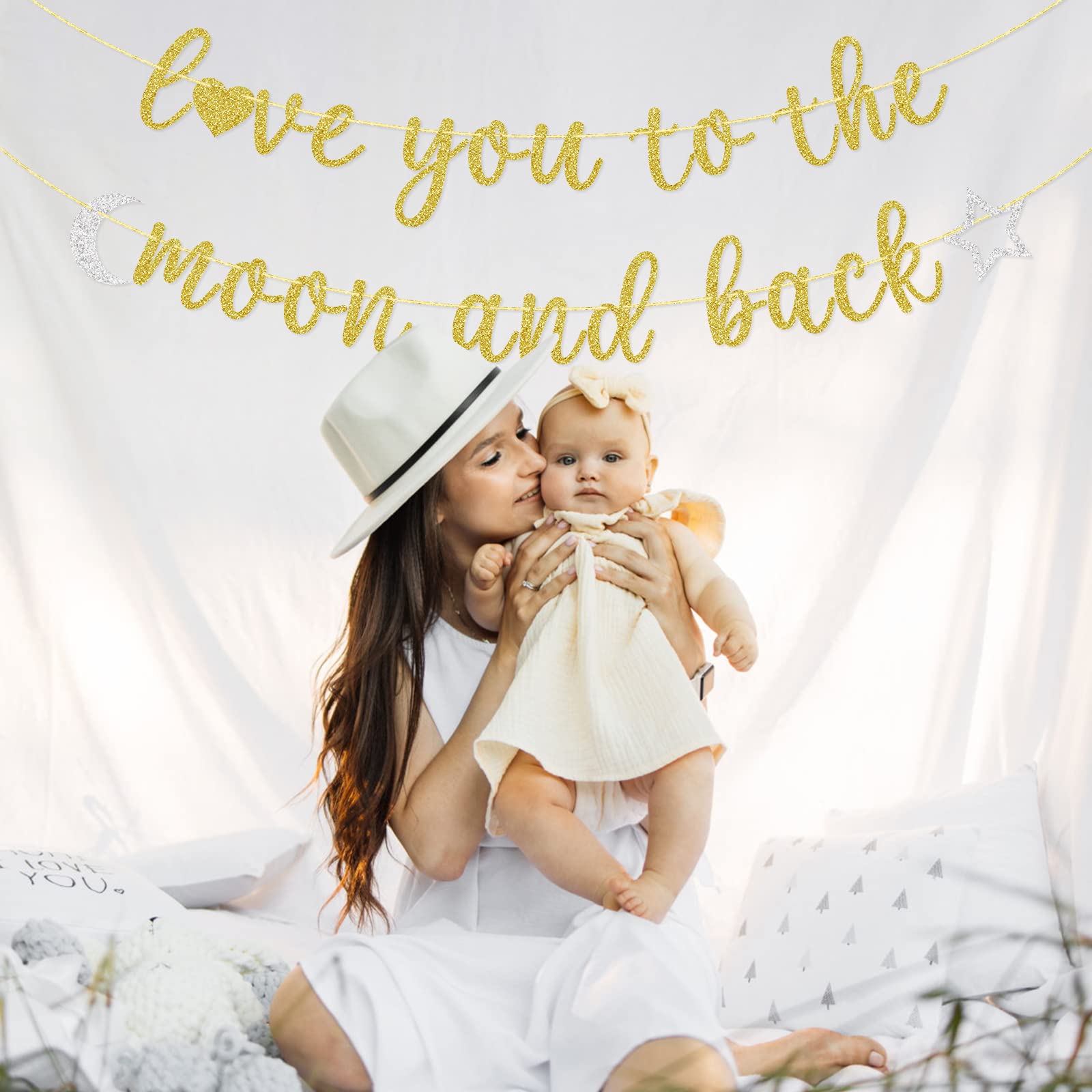 Love You to the Moon and Back Banner, Wedding Bridal Shower Baby Shower Anniversary Party Decorations Gold Glitter