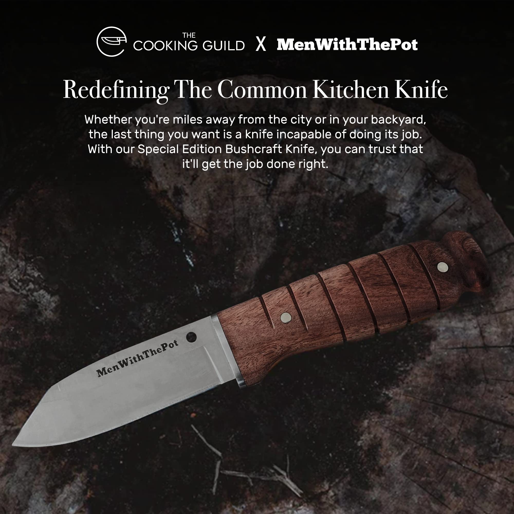 The Cooking Guild x MenWithThePot Bushcraft Knife - 4 Inches - Stainless Steel Blade Paring Knife - Rosewood Handle - Carving, Peeling, Meat Cutting Knife Cooking