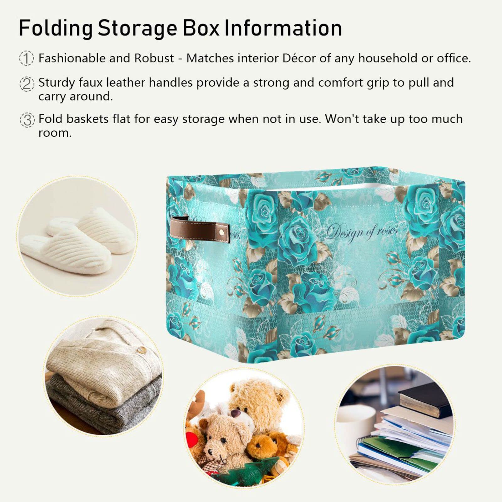 ALAZA Blue Rose Flower Beautiful Foldable Storage Box Storage Basket Organizer Bins with Handles for Shelf Closet Living Room Bedroom Home Office 1 Pack