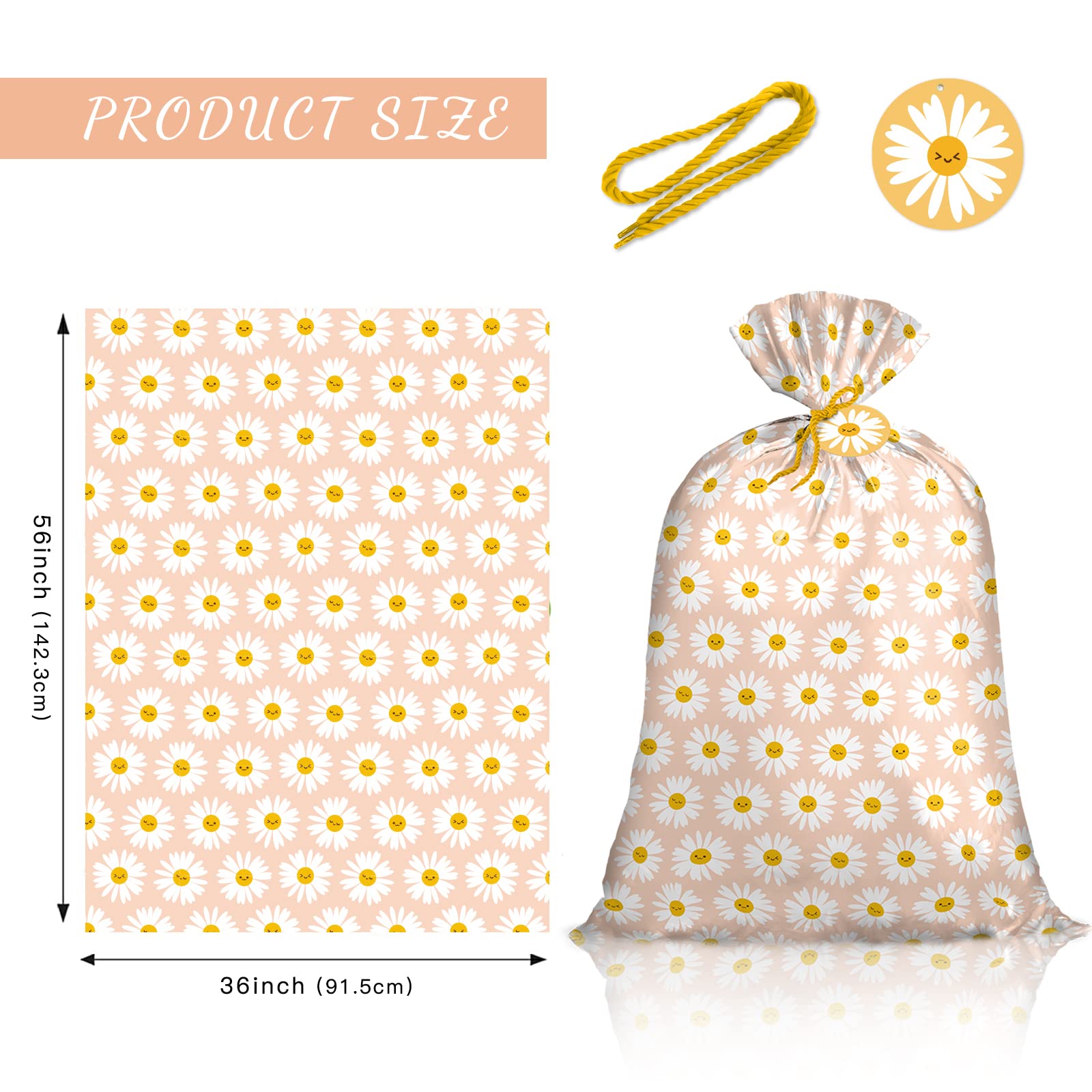 Loveinside Jumbo Large Plastic Gift Bag, Floral Design Plastic Bag with Tag and Tie for Birthday, Mother's Day, Wedding - 56" x 36", 1 Pcs - Pink Smiley Daisy