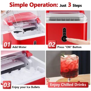 KUMIO Ice Makers Countertop, 26.5 Lbs/24H, 9 Bullet Ice Ready in 6-9 Mins with Ice Scoop and Basket, Compact Portable Ice Maker for Home Office Camping Party RV, Red