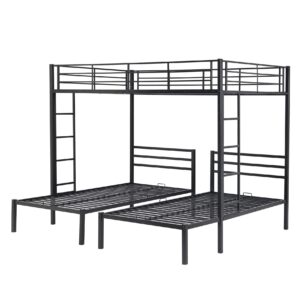 Bellemave Triple Bunk Beds Full Over Two Twin Bed Metal L-Shape3 Frame with Storage Shelf for Three Kids Boys Girls, Black