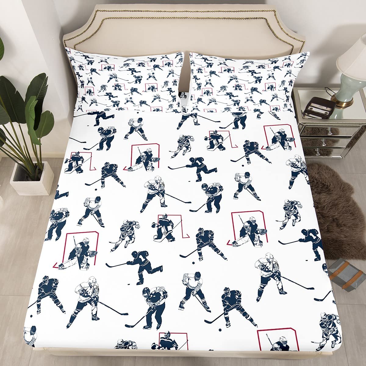 Ice Hockey Bed Sheet Set Full Kids Sports Event Bedding Set Hockey Player Fitted Sheet for Boys Bedroom Decor Soft Winter Sports Hockey Puck Bed Cover,Full 1 Fitted Sheet+2 Pillowcases（No Flat Sheet）