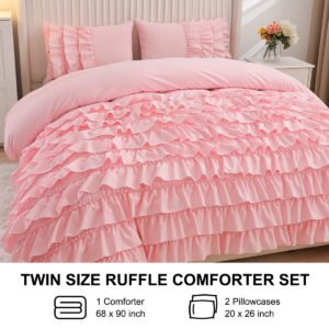 Holawakaka Pink Waterfall Ruffle Comforter Set Twin Size Multi-Layers Ruffled Shabby Chic 3PCS Bedding Set for Girls Women