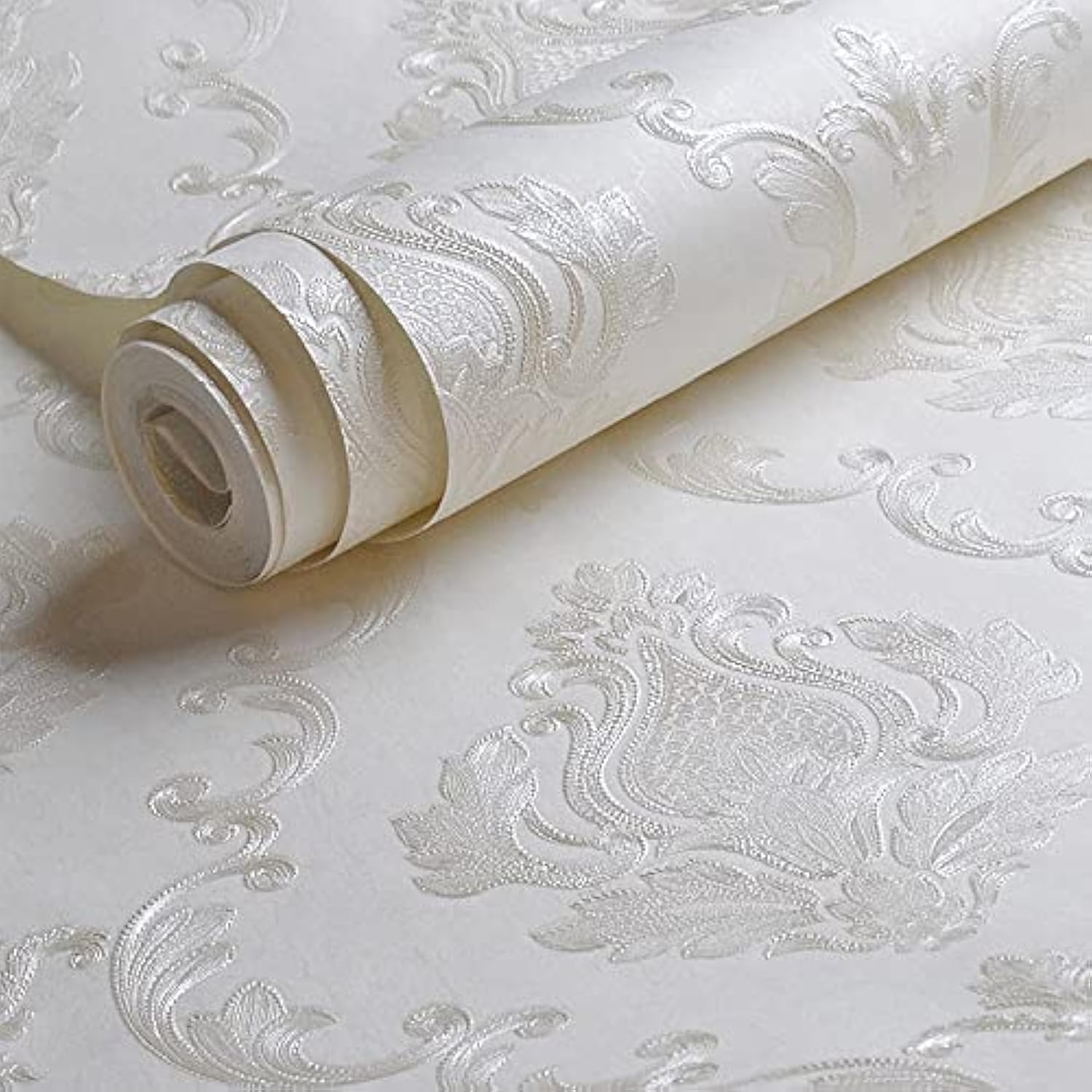 AMINAH DECO Decorative Floral Wallpaper Non-Woven Cream White Damask Textured Wall Paper Home Decoration,20.8 in X 393.00 in [ Not Peel and Stick ]