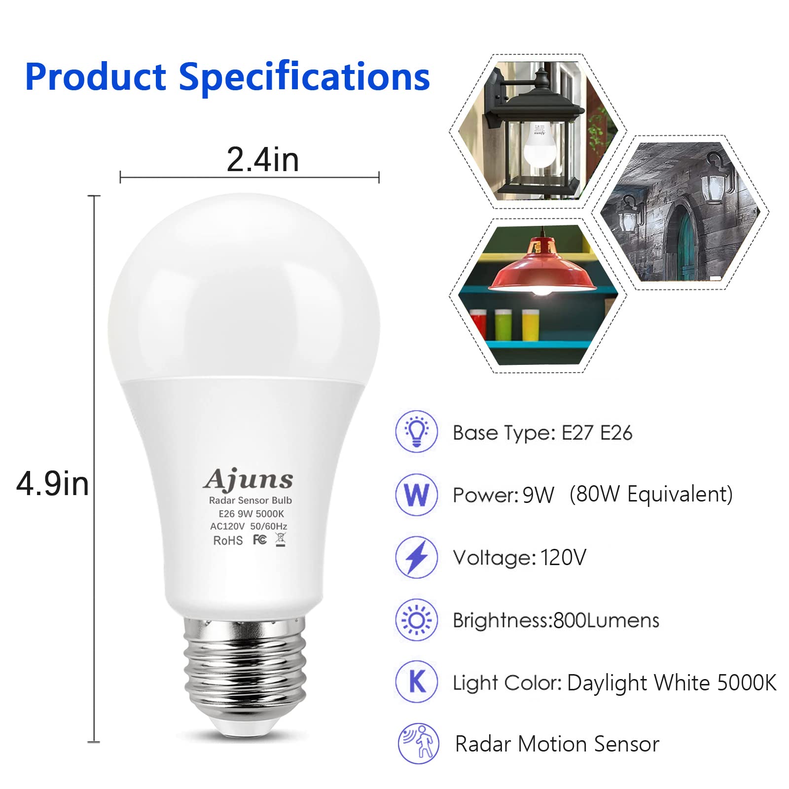 Radar Motion Sensor LED Light Bulbs, Dusk to Dawn Radar Motion Activated Bulb 9W 5000K Daylight White A19 LED Bulb, E26 Base, for Hallway, Garage, Basement, etc, 2 Packs