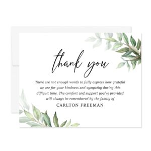 hello love goods personalized greenery funeral thank you cards with envelopes, 5.5x4.25 flat sympathy memorial cards