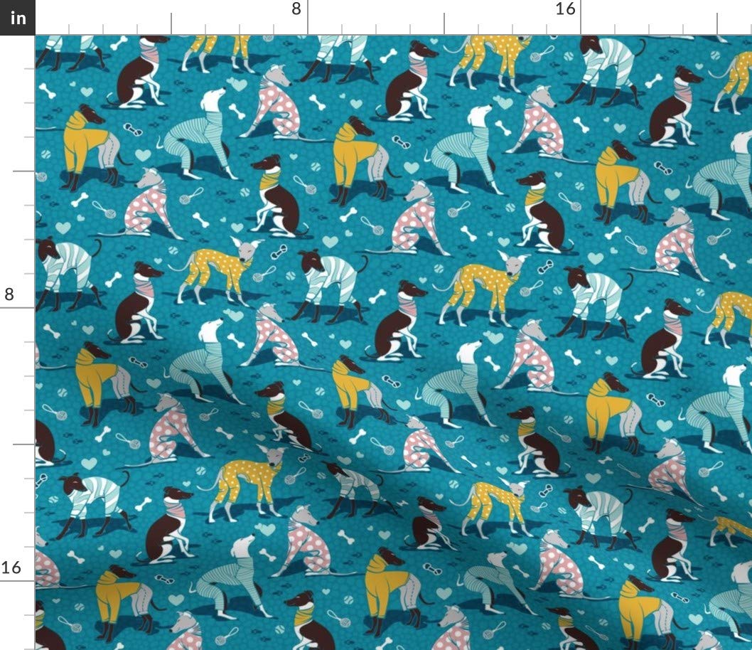 Spoonflower Fabric - Small Scale Greyhounds Turquoise Greyhound Dogs Breeds Hound Printed on Petal Signature Cotton Fabric by The Yard - Sewing Quilting Apparel Crafts Decor