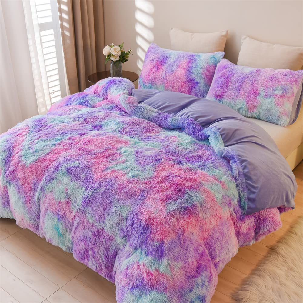 Holawakaka Aqua Teal Purple Tie Dye Shaggy Fuzzy Duvet Cover Set Queen Size Faux Fur Bedding Sets Furry Plush Comforter Cover (Teal Lavender)