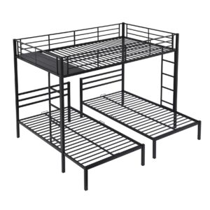 Bellemave Triple Bunk Beds Full Over Two Twin Bed Metal L-Shape3 Frame with Storage Shelf for Three Kids Boys Girls, Black