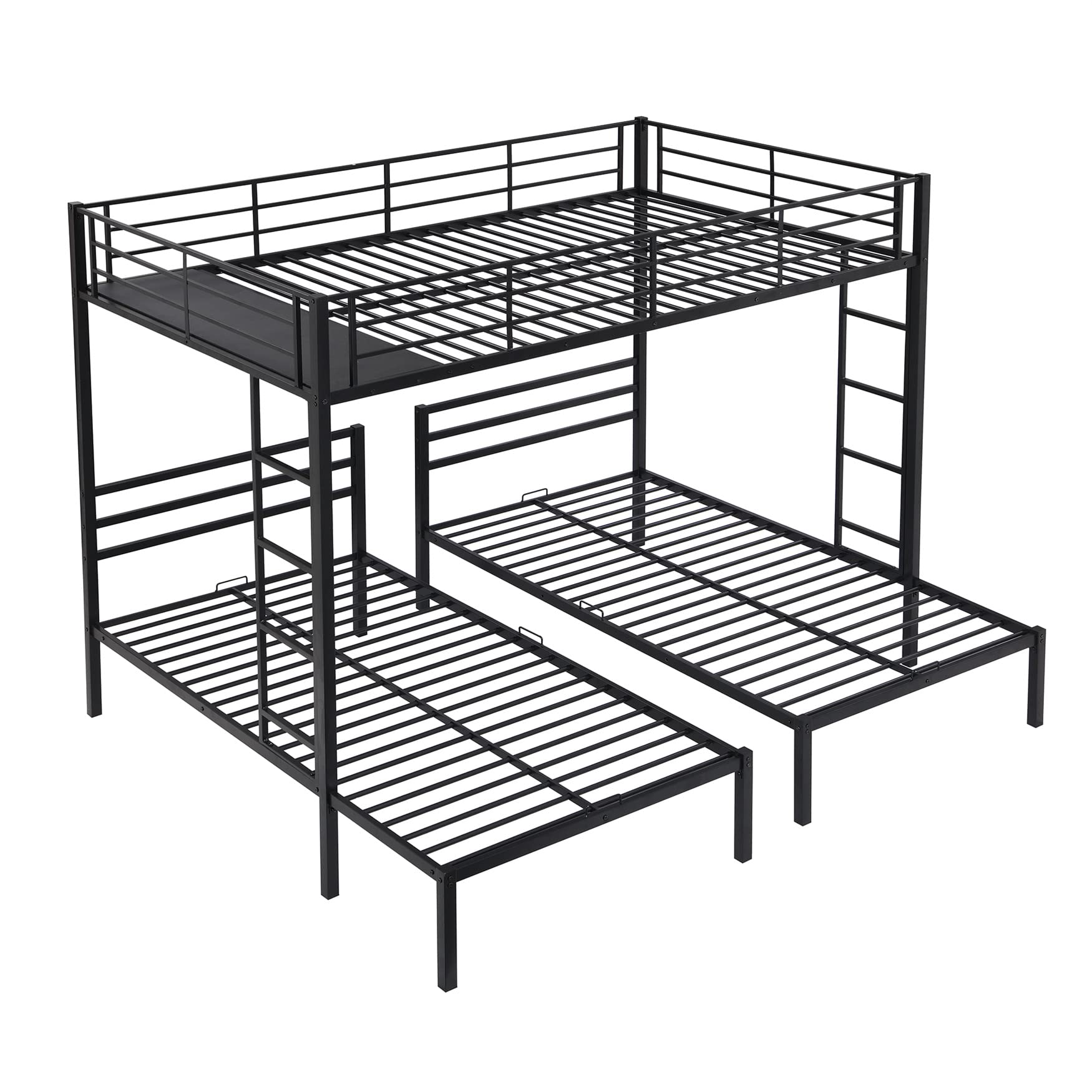 Bellemave Triple Bunk Beds Full Over Two Twin Bed Metal L-Shape3 Frame with Storage Shelf for Three Kids Boys Girls, Black