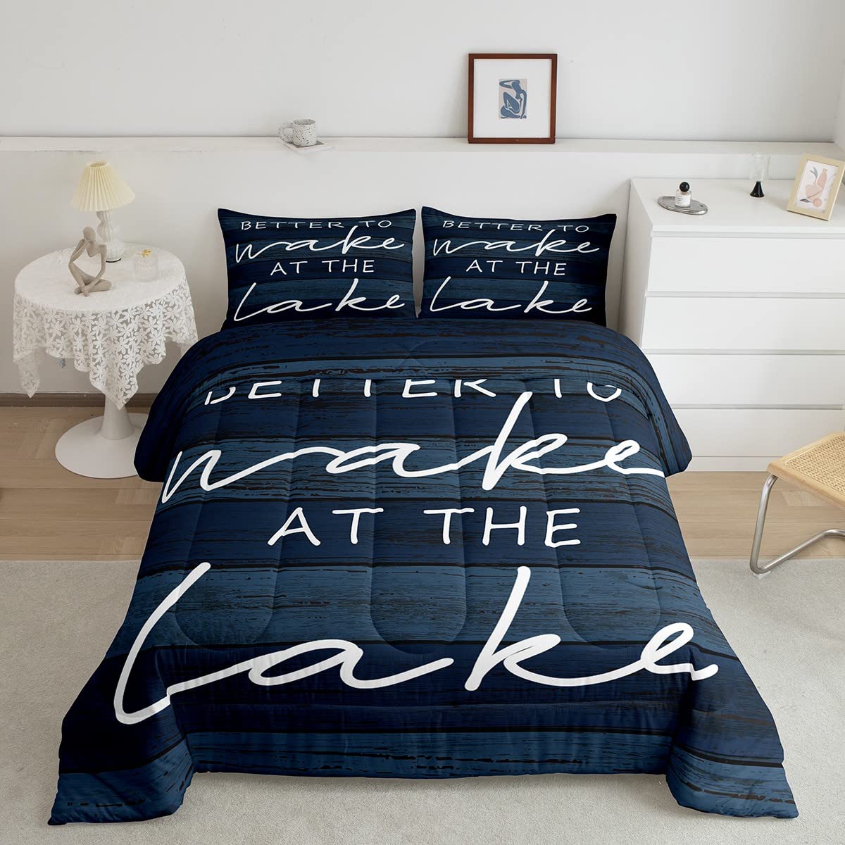 Lake Word Art Bedding Set Rustic Farmhouse Comforter Set for Kids Boys Girls Lake House Wooden Navy Blue Design Comforter Nautical Lake Quilt Room 3Pcs Full Size Boys