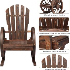 Kinsuite 2 PCS Fir Wooden Rocking Chair Set with Wheel Armrest, Outdoor Wagon Rocking Chairs for Garden, Lawn, Yard, Rustic Brown