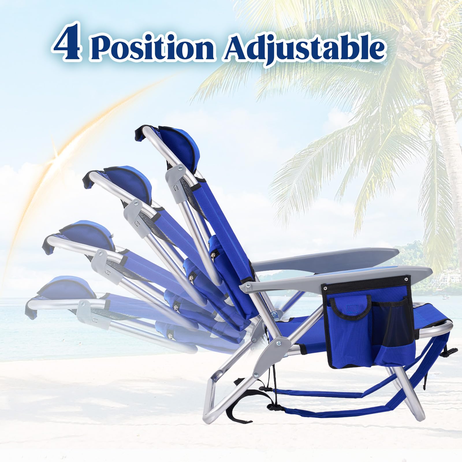 Canpsky Portable Beach Chair for Adults, Outdoor Lightweight Camping Chair Lay Flat Folding Backpack Beach Reclining Chair with 4 Positions, Headrest, Cooler Pouch, Cup Holder, New Striped