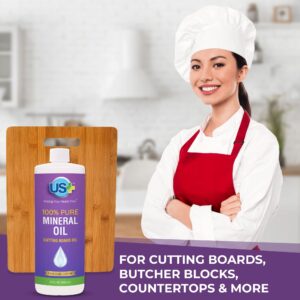 US+ 32oz 100% Pure Mineral Oil - Cutting Board Oil - Food-Grade - USP - Restores & Protects Cutting Boards, Butcher Blocks, Countertops, Steel Surfaces & More