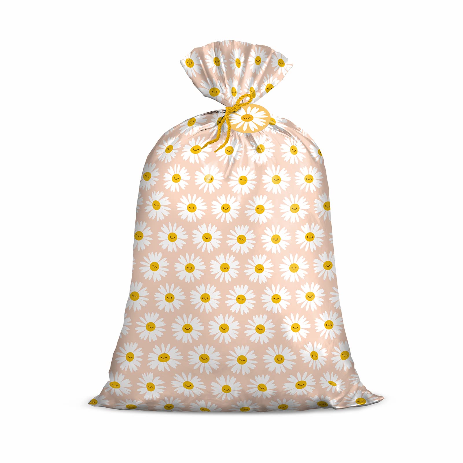 Loveinside Jumbo Large Plastic Gift Bag, Floral Design Plastic Bag with Tag and Tie for Birthday, Mother's Day, Wedding - 56" x 36", 1 Pcs - Pink Smiley Daisy