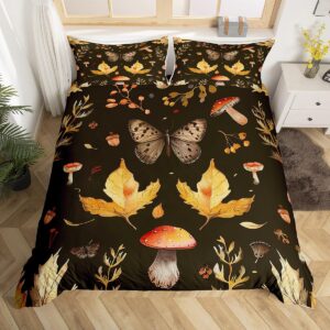 Castle Fairy Fall Theme Duvet Cover Queen Size Mushroom Butterfly Maple Leaves Bedding Comforter Cover 3 Pieces with 2 Pillowcases Botanical Garden Plants Herbs Bedding Set for Men Women Room,Black