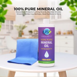 US+ 32oz 100% Pure Mineral Oil - Cutting Board Oil - Food-Grade - USP - Restores & Protects Cutting Boards, Butcher Blocks, Countertops, Steel Surfaces & More