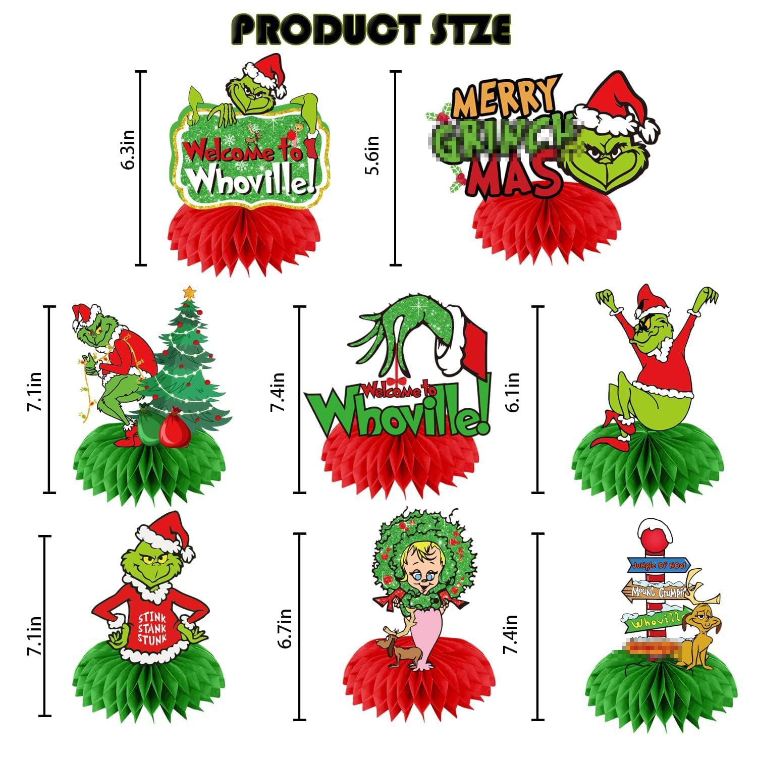 Whoville Christmas Decorations, 8pcs Welcome to Whoville Honeycomb Centerpieces Whoville Decorations for Table Merry Christmas Table Decorations Xmas Party Decorations