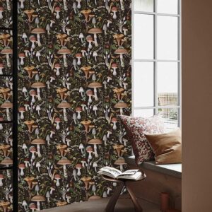 HAOKHOME Peel and Stick Wallpaper Boho Mushroom Removable Stick on Forest Contact Paper for Bathroom Black/Brown/Green 17.7in x 9.8ft