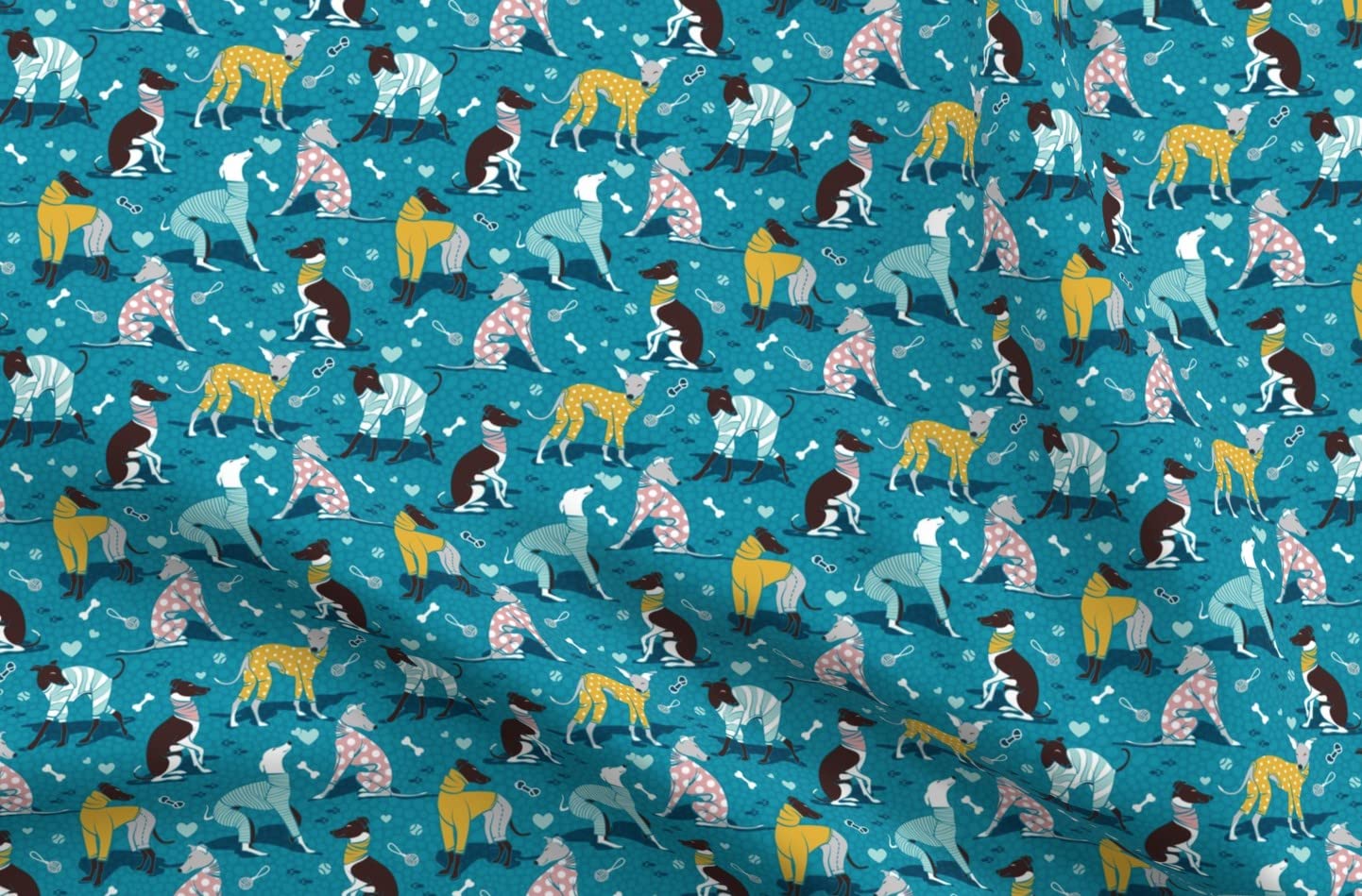 Spoonflower Fabric - Small Scale Greyhounds Turquoise Greyhound Dogs Breeds Hound Printed on Petal Signature Cotton Fabric by The Yard - Sewing Quilting Apparel Crafts Decor