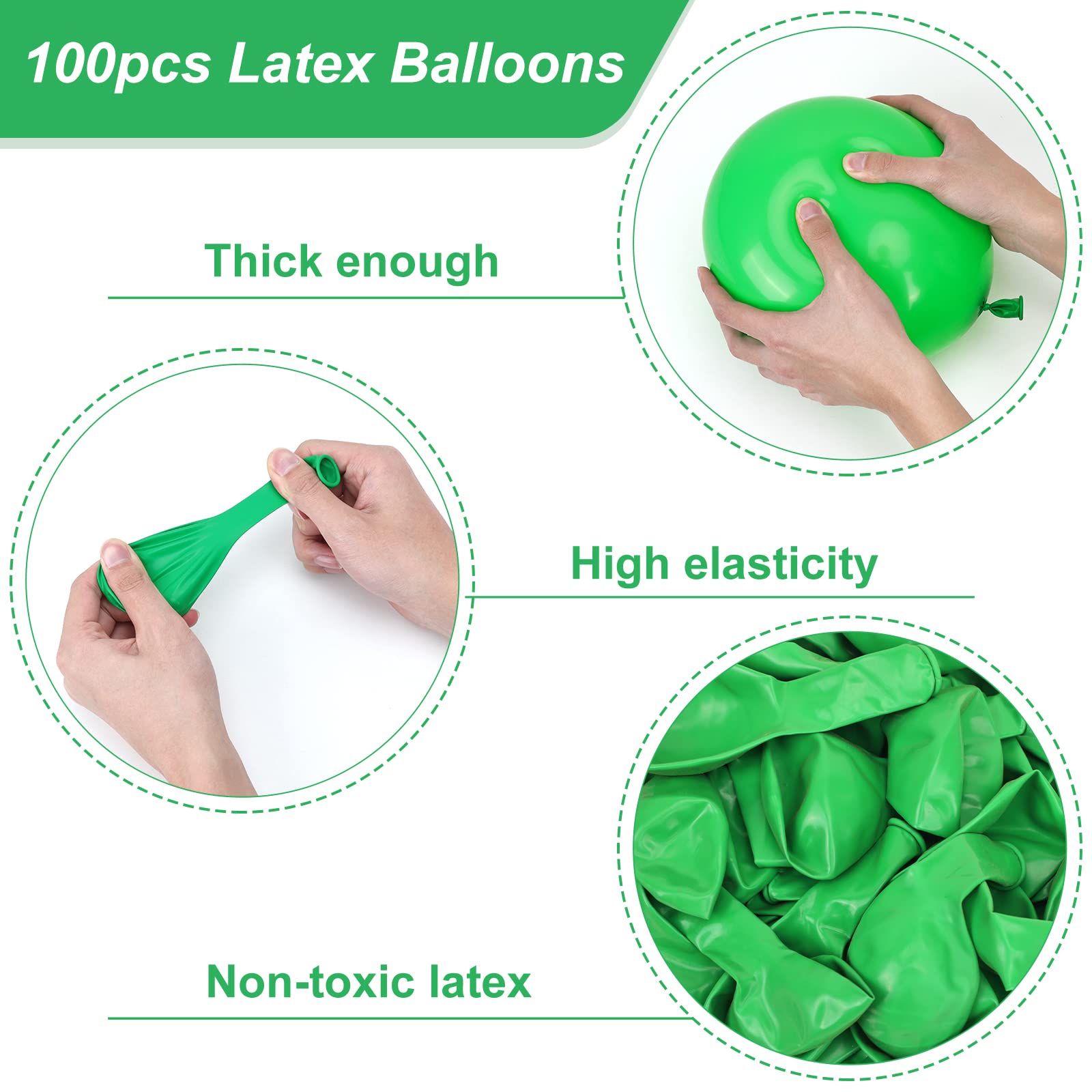 RUBFAC Green Balloons Latex Party Balloons, 100pcs 12 Inch Green Helium Balloons for Party Decoration Like Birthday Party, Baby Shower, Gender Reveal, Anniversary, Jungle Party (with Green Ribbon)